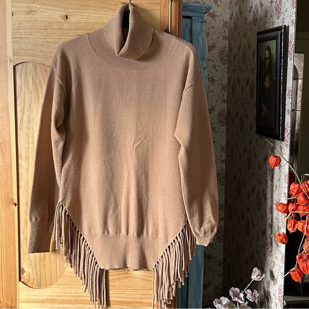 Orly Fringed Camel Turtleneck Sweater, size M, $50
